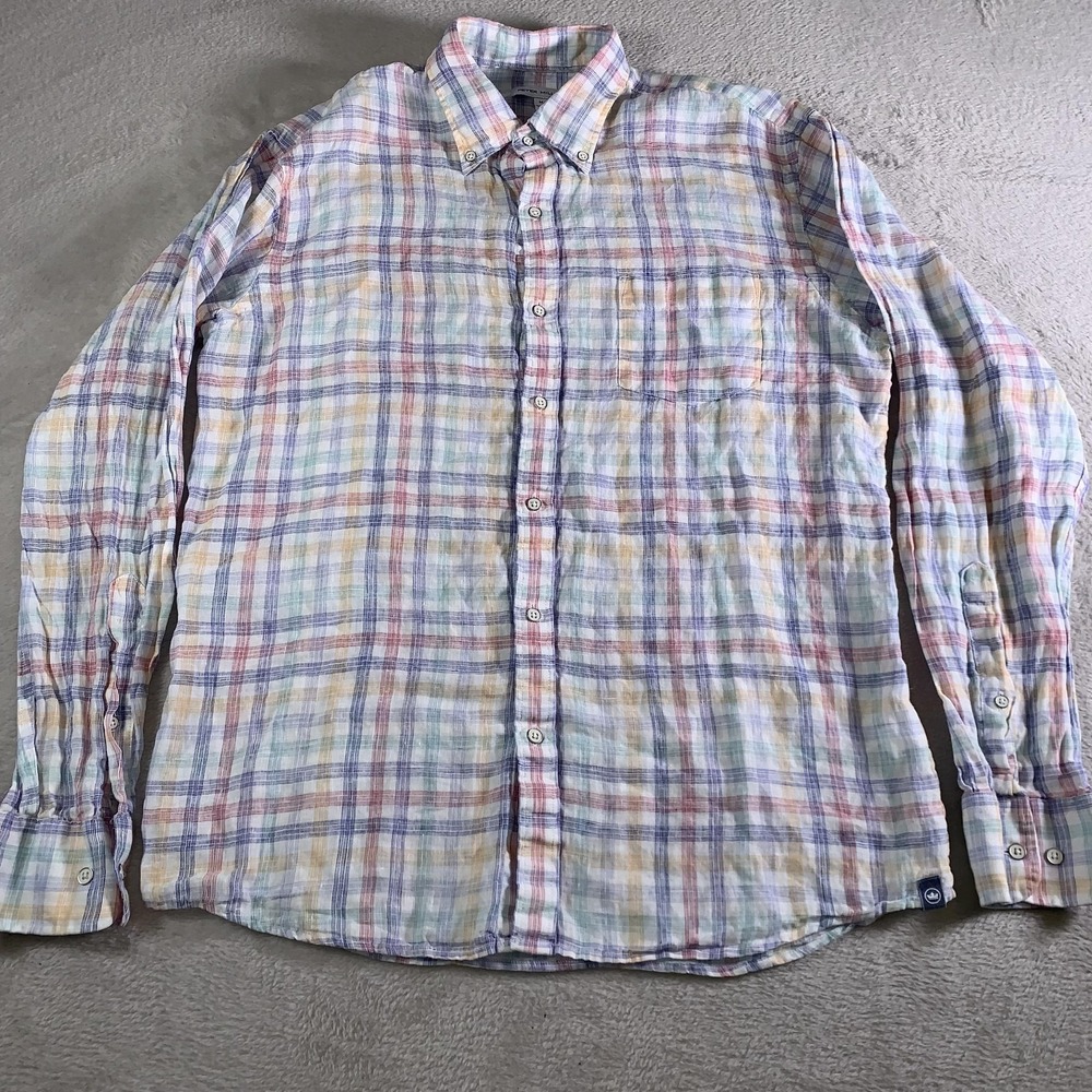 Peter Millar Shirt Mens Medium Multicolor Linen Plaid Long Sleeve Button Down